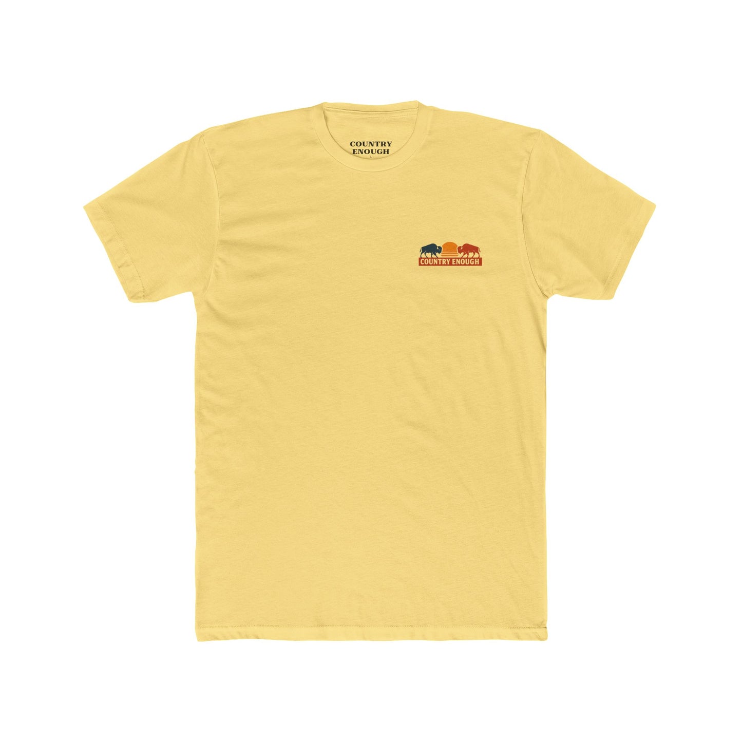 Yellow t-shirt with graphic of mirrored bison in red and blue, sun, desert landscape, cacti, and the words country enough since 2025 #yellow