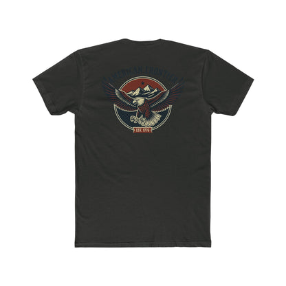 Vintage Black t-shirt featuring graphic of an eagle, mountains, and the words American Frontier Est 1776 #vintageblack