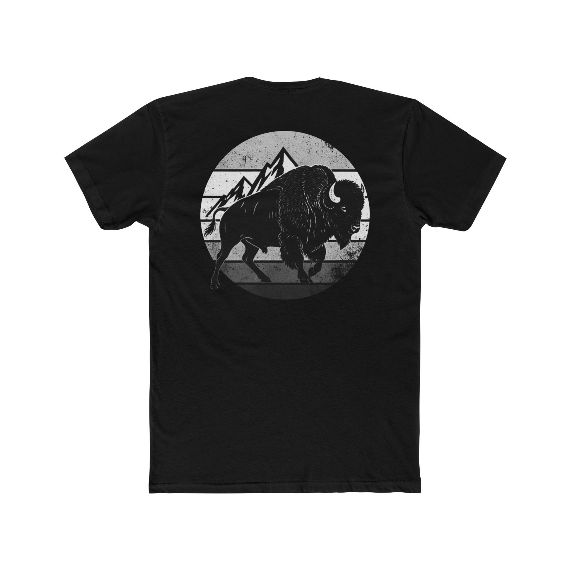 Black t-shirt with a black and gray graphic of a bison and mountains #black