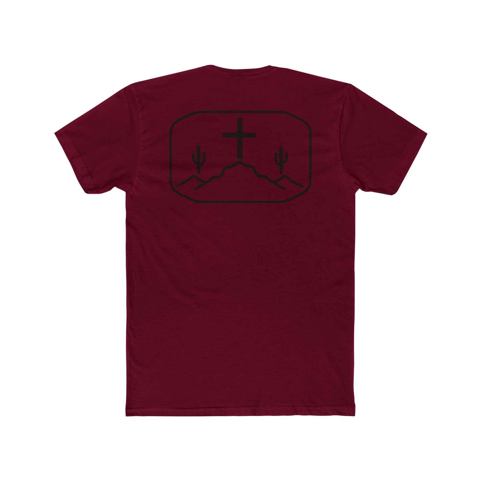 Maroon t-shirt with cross, cacti, and mountains graphic #maroon