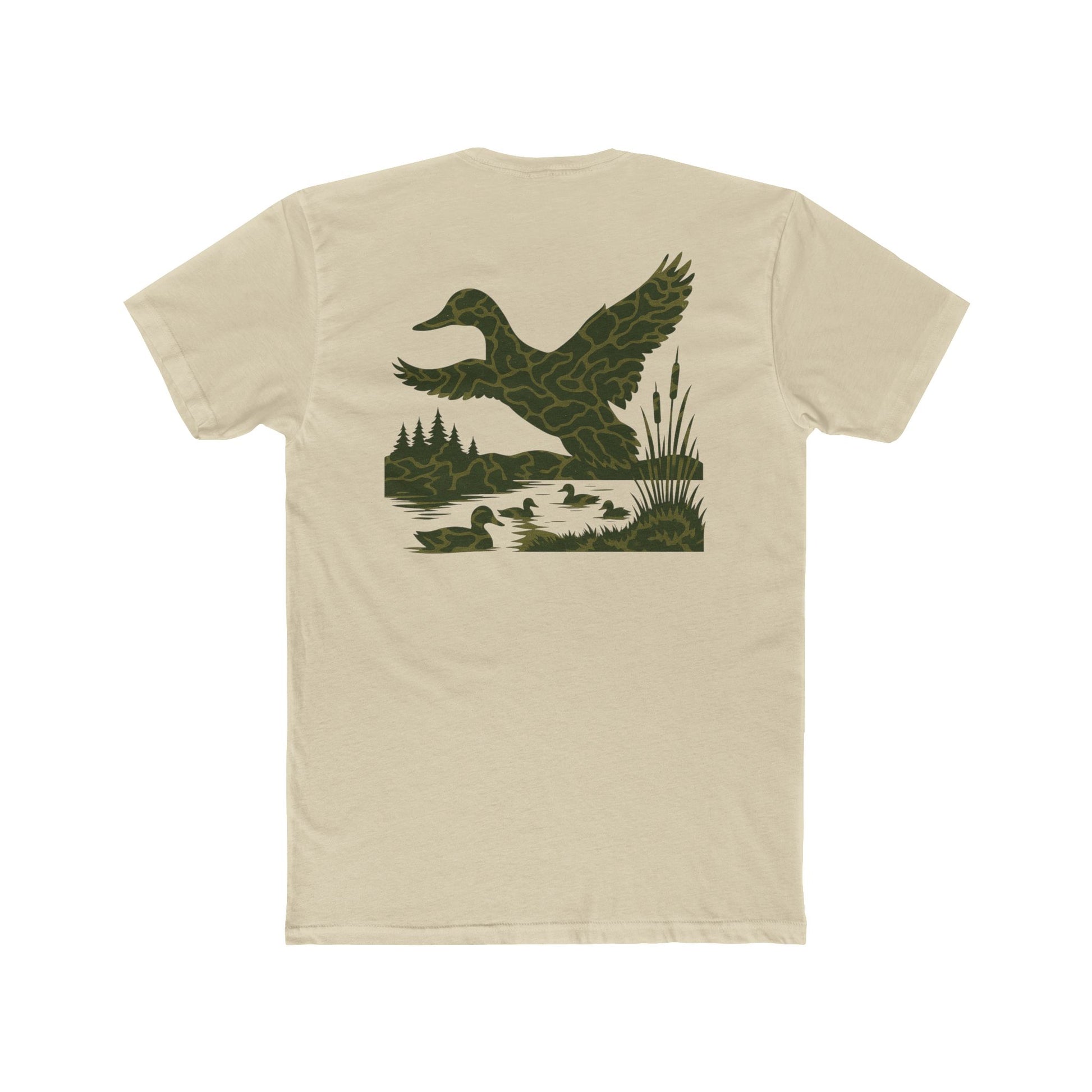 Cream t-shirt with flying & swimming ducks in a full camo marsh scene #cream