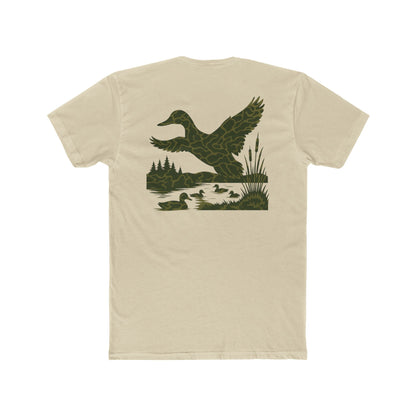 Cream t-shirt with flying & swimming ducks in a full camo marsh scene #cream
