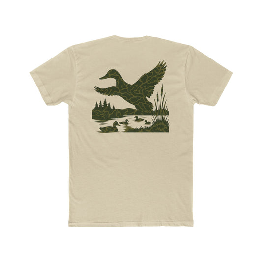 Cream t-shirt with flying & swimming ducks in a full camo marsh scene #cream