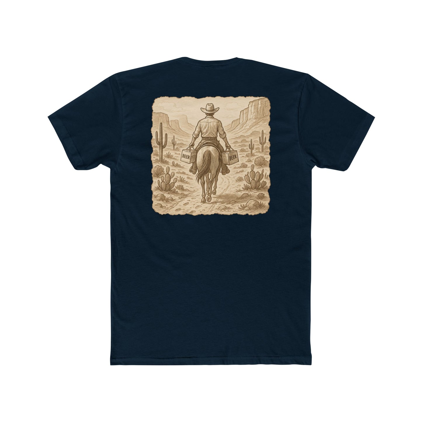 Midnight Navy t-shirt with graphic of cowboy riding a horse through the desert holding two twelve packs of beer #midnightnavy