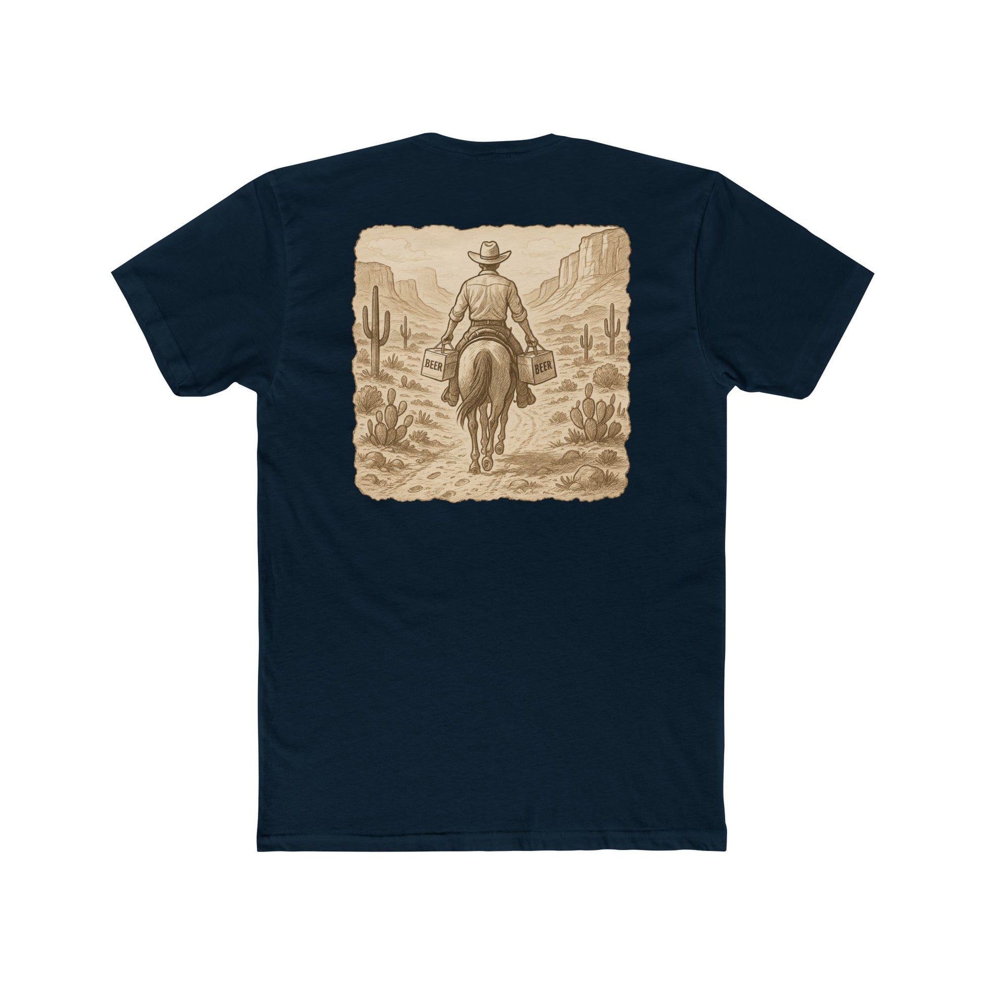 Midnight Navy t-shirt with graphic of cowboy riding a horse through the desert holding two twelve packs of beer #midnightnavy