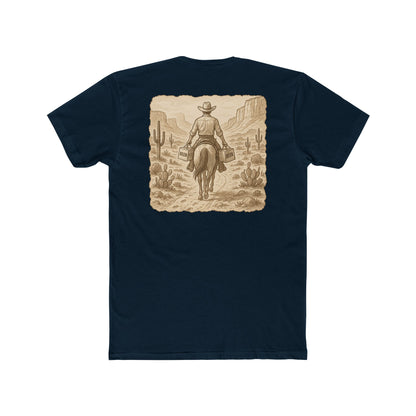 Midnight Navy t-shirt with graphic of cowboy riding a horse through the desert holding two twelve packs of beer #midnightnavy