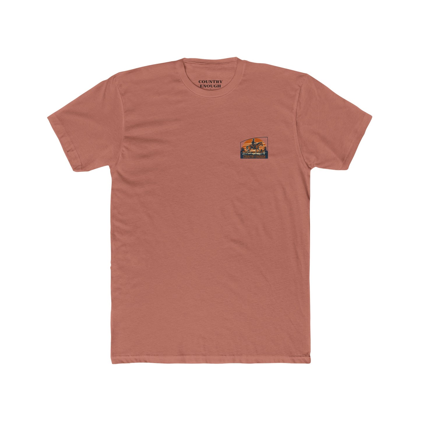 Desert Pink t-shirt with graphic design containing horse and rider, desert, mountains, and cactus #desertpink