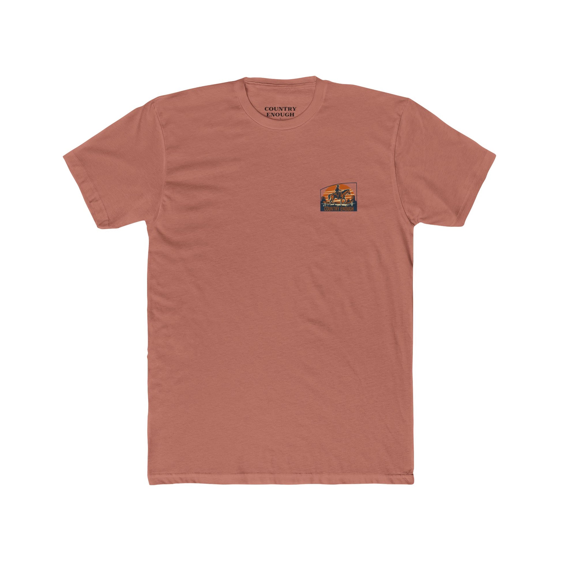 Desert Pink t-shirt with graphic design containing horse and rider, desert, mountains, and cactus #desertpink