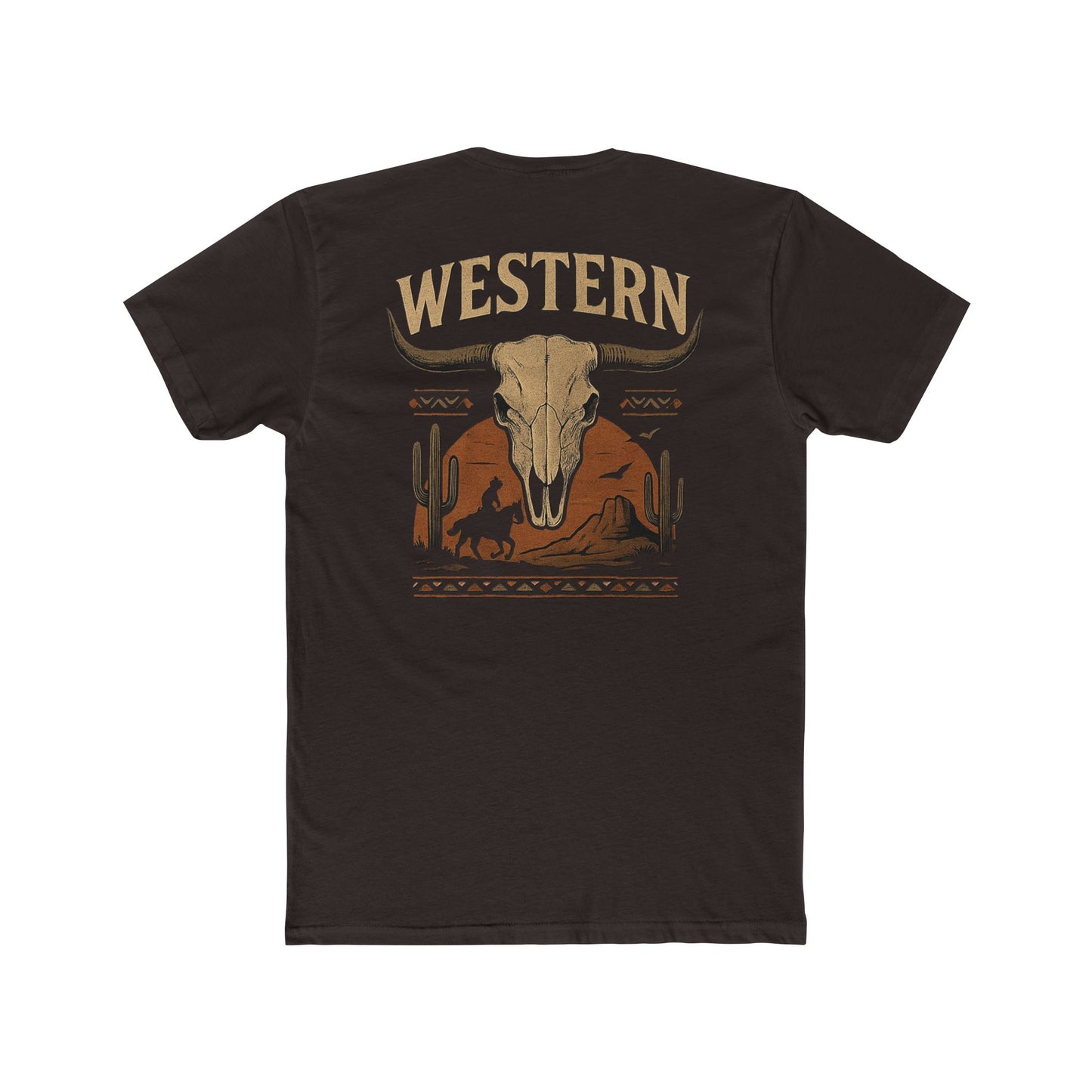 Dark Brown t-shirt with longhorn skull, aztec print, desert landscape, cacti, and cowboy silhouette with word Western across the top #darkbrown