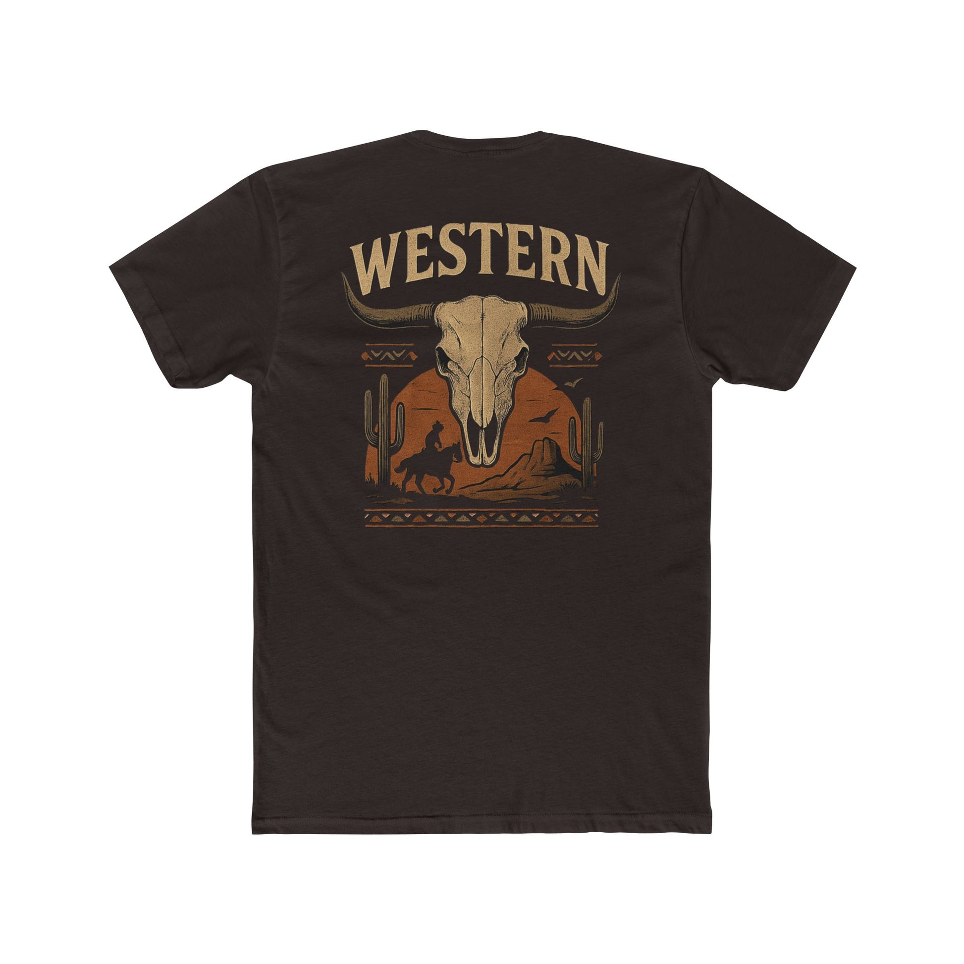 Dark Brown t-shirt with longhorn skull, aztec print, desert landscape, cacti, and cowboy silhouette with word Western across the top #darkbrown