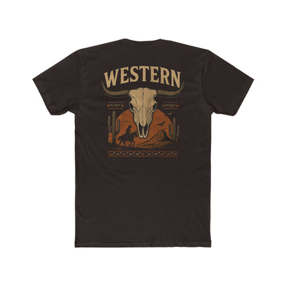 Dark Brown t-shirt with longhorn skull, aztec print, desert landscape, cacti, and cowboy silhouette with word Western across the top #darkbrown