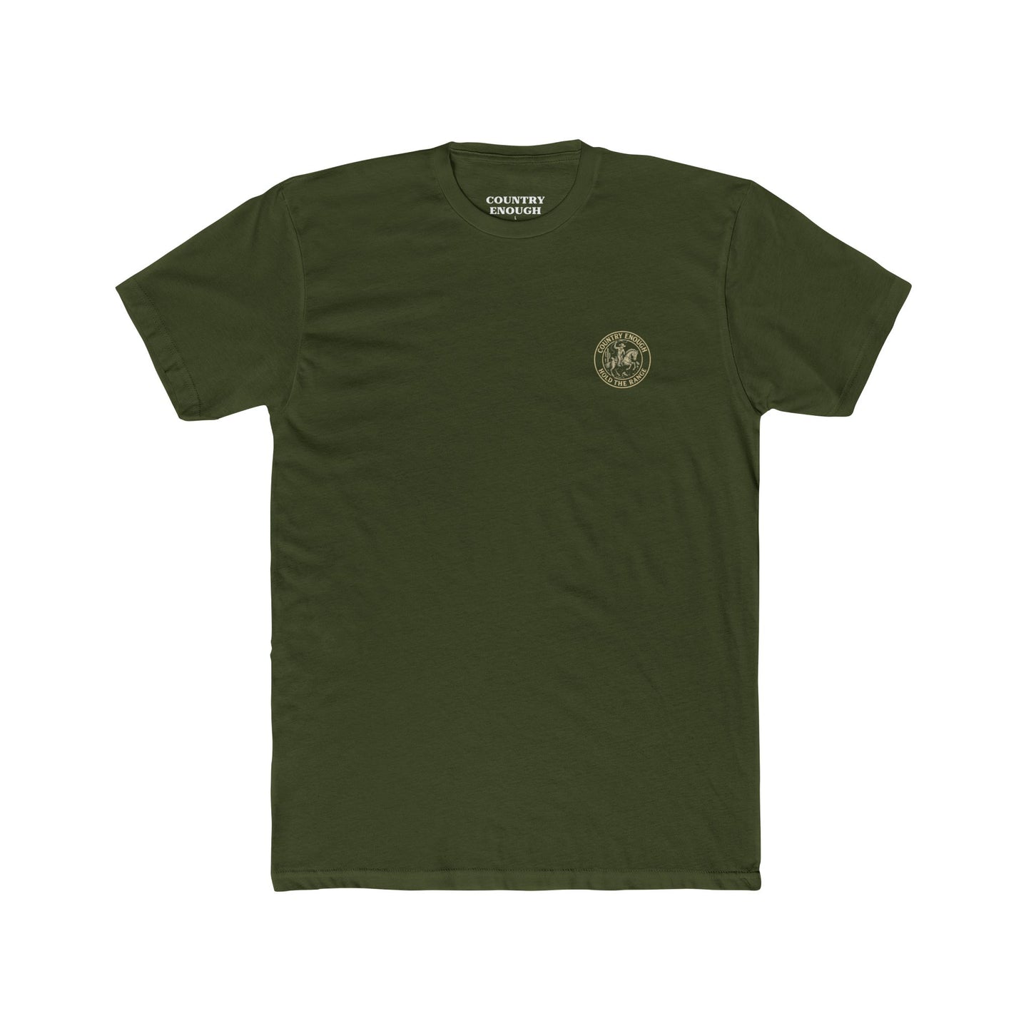 Military Green t-shirt with graphic of monochrome horse rider, lasso, and western landscape #militarygreen