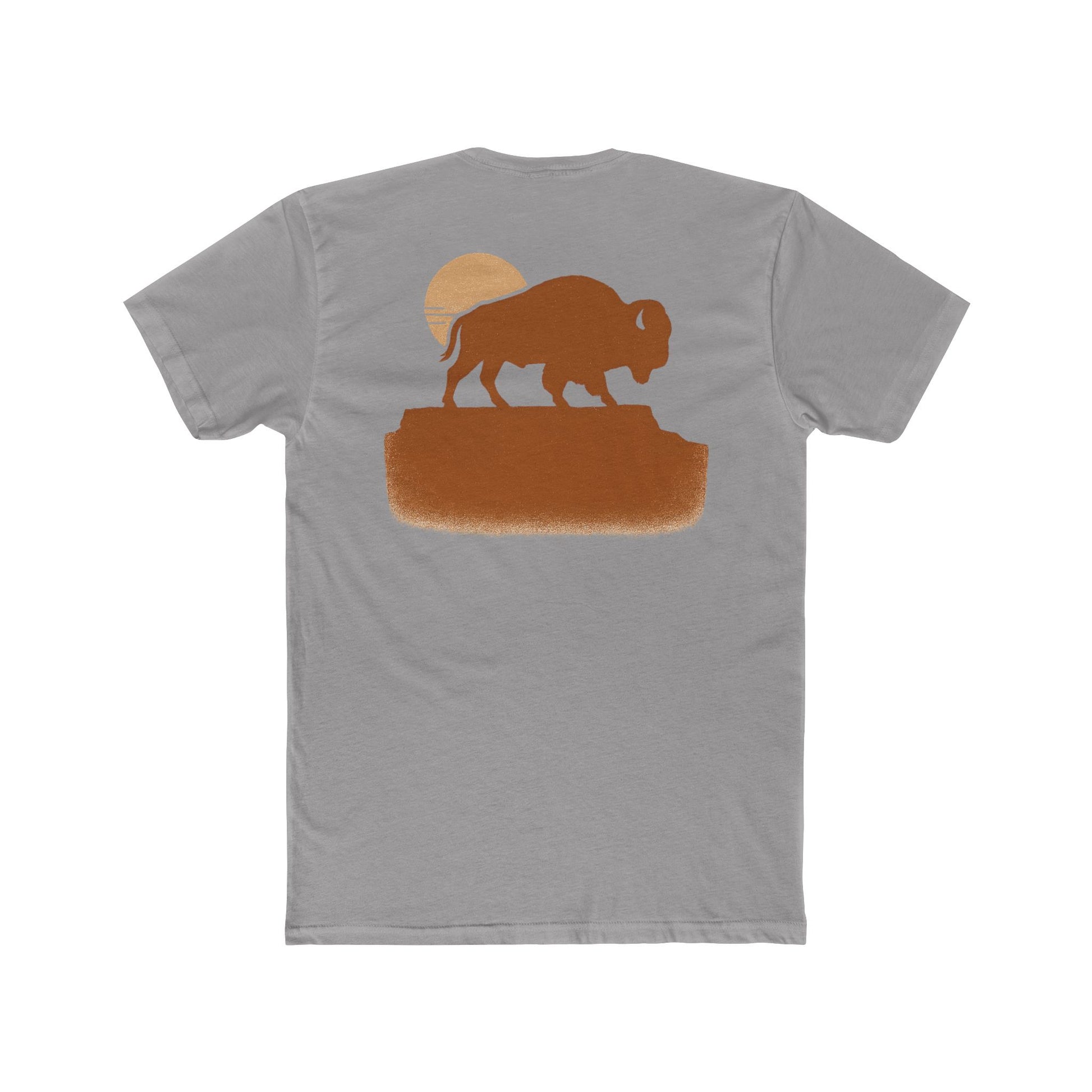 Gray t-shirt with graphic of bison atop a plateau and the sun behind #gray