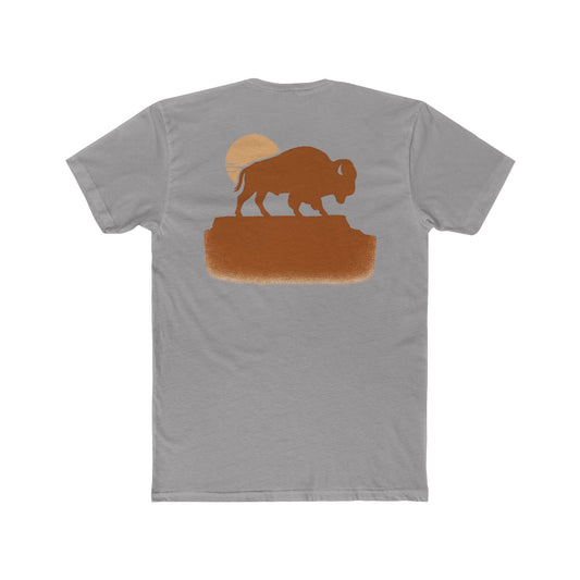Gray t-shirt with graphic of bison atop a plateau and the sun behind #gray