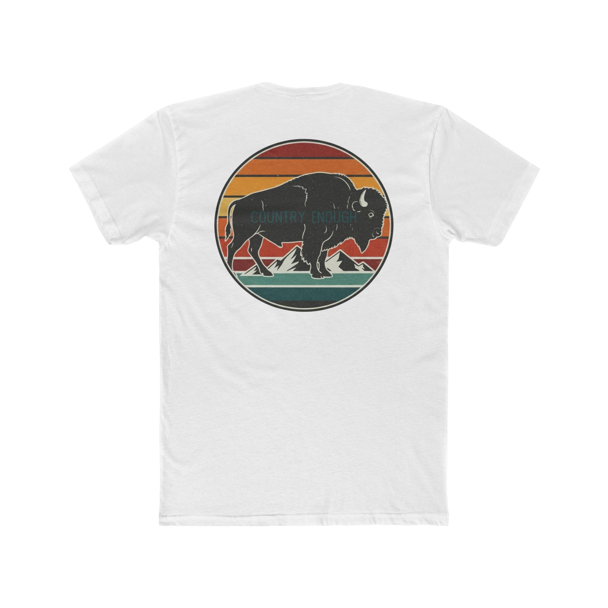 White t-shirt with a bison, sunset and mountain landscape graphic #white