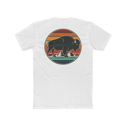 White t-shirt with a bison, sunset and mountain landscape graphic #white