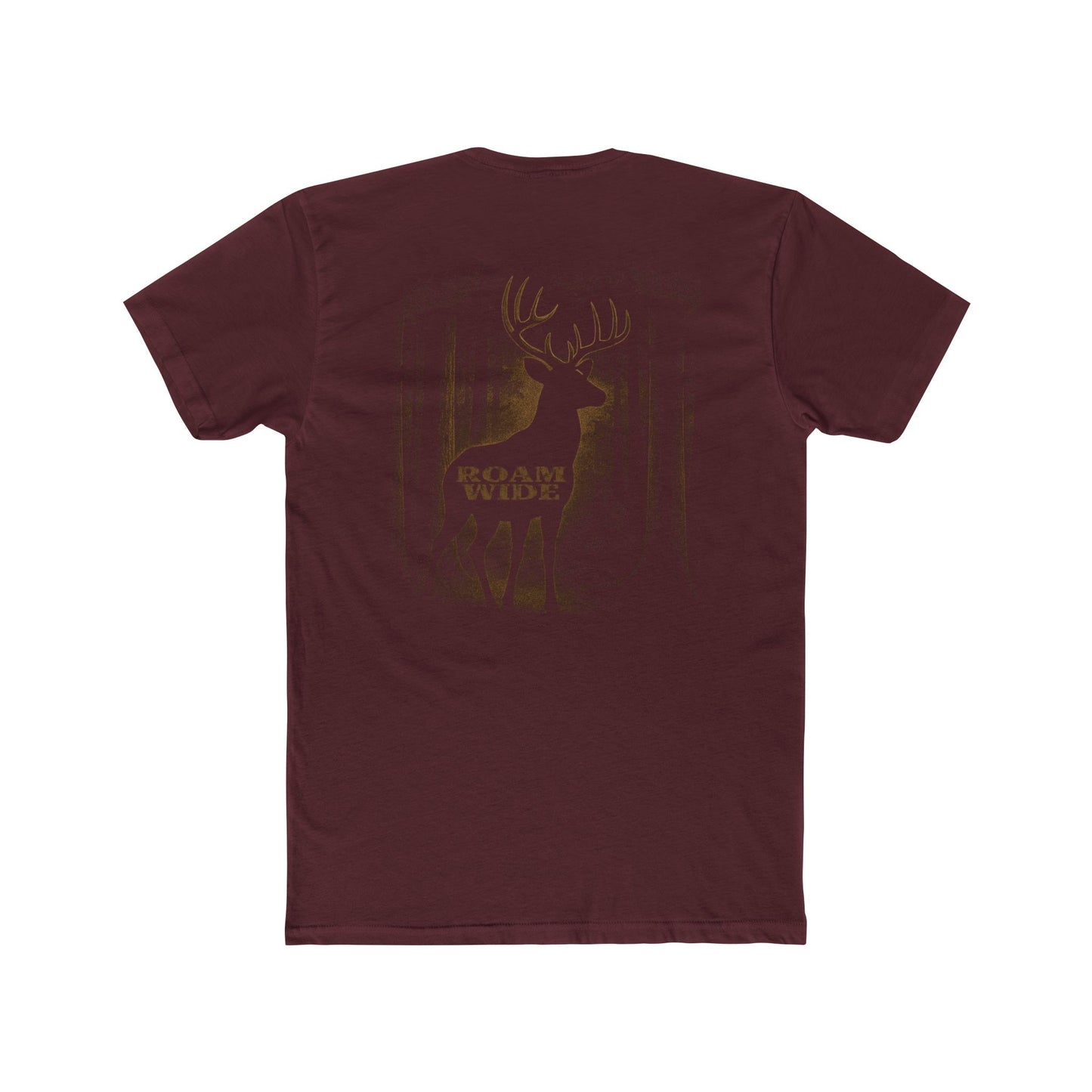 Maroon t-shirt with graphic design of a buck in the woods and words roam wide #maroon