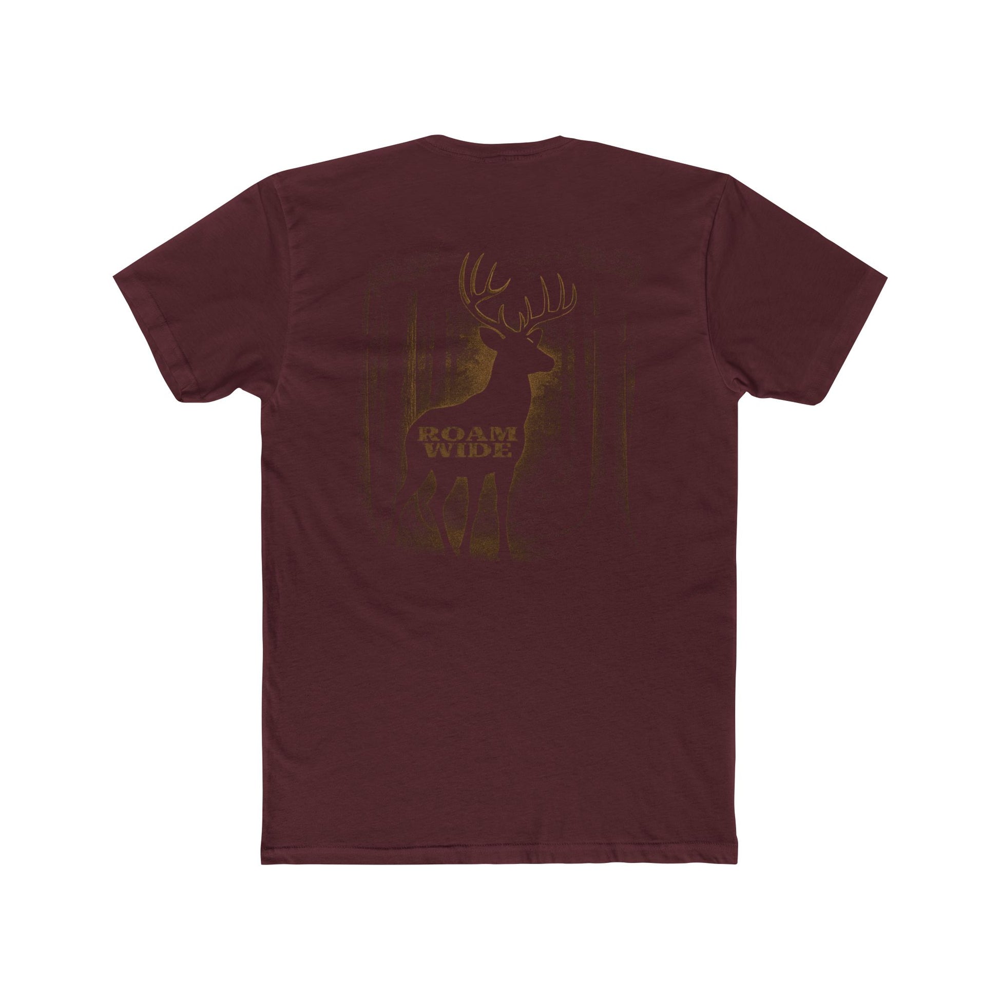Maroon t-shirt with graphic design of a buck in the woods and words roam wide #maroon