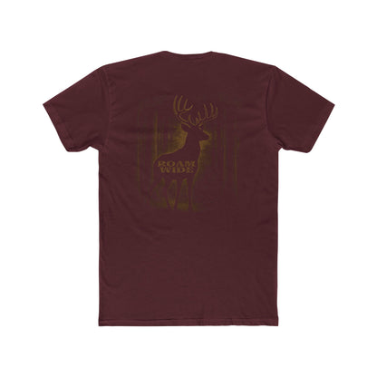 Maroon t-shirt with graphic design of a buck in the woods and words roam wide #maroon