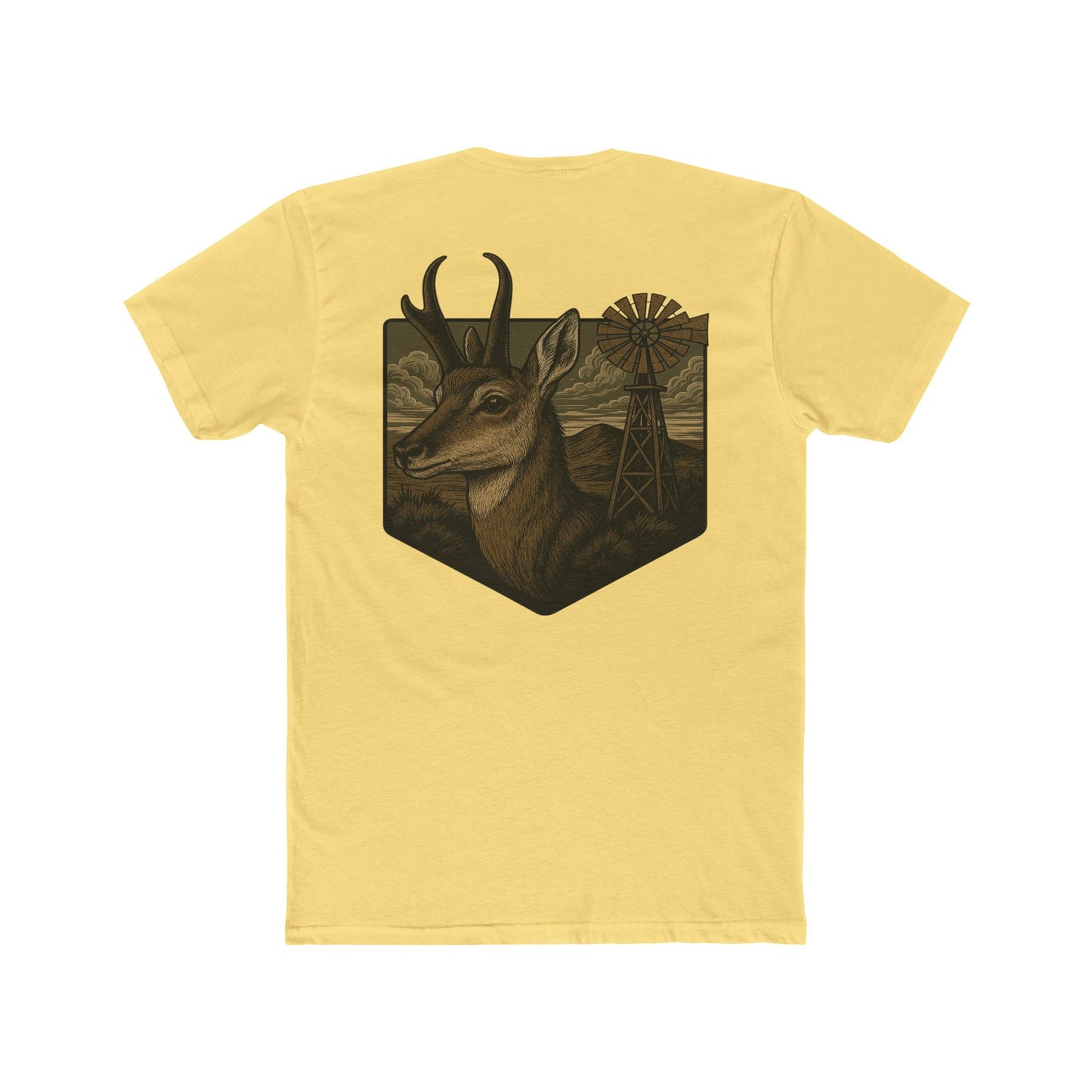 Yellow t-shirt with graphic of pronghorn and windmill over an open range #yellow