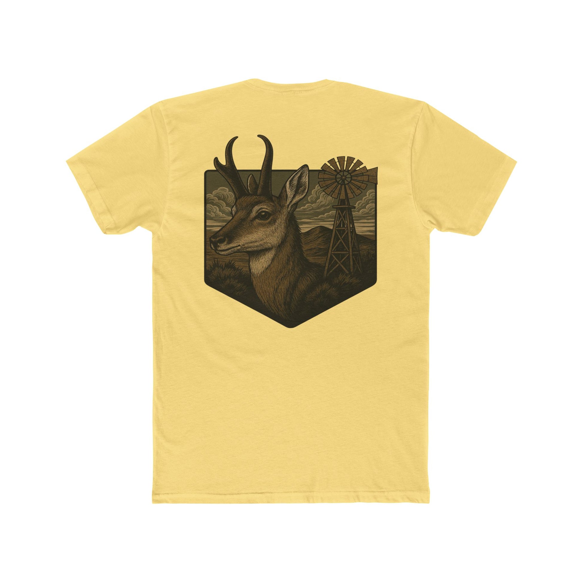 Yellow t-shirt with graphic of pronghorn and windmill over an open range #yellow