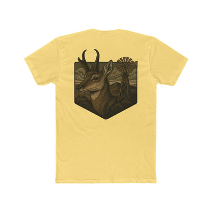 Yellow t-shirt with graphic of pronghorn and windmill over an open range #yellow