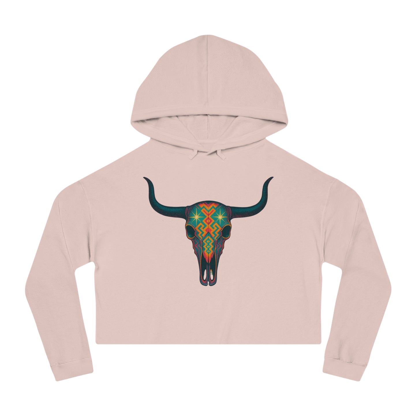 Pale Pink hoodie with a colorful bull skull design #palepink