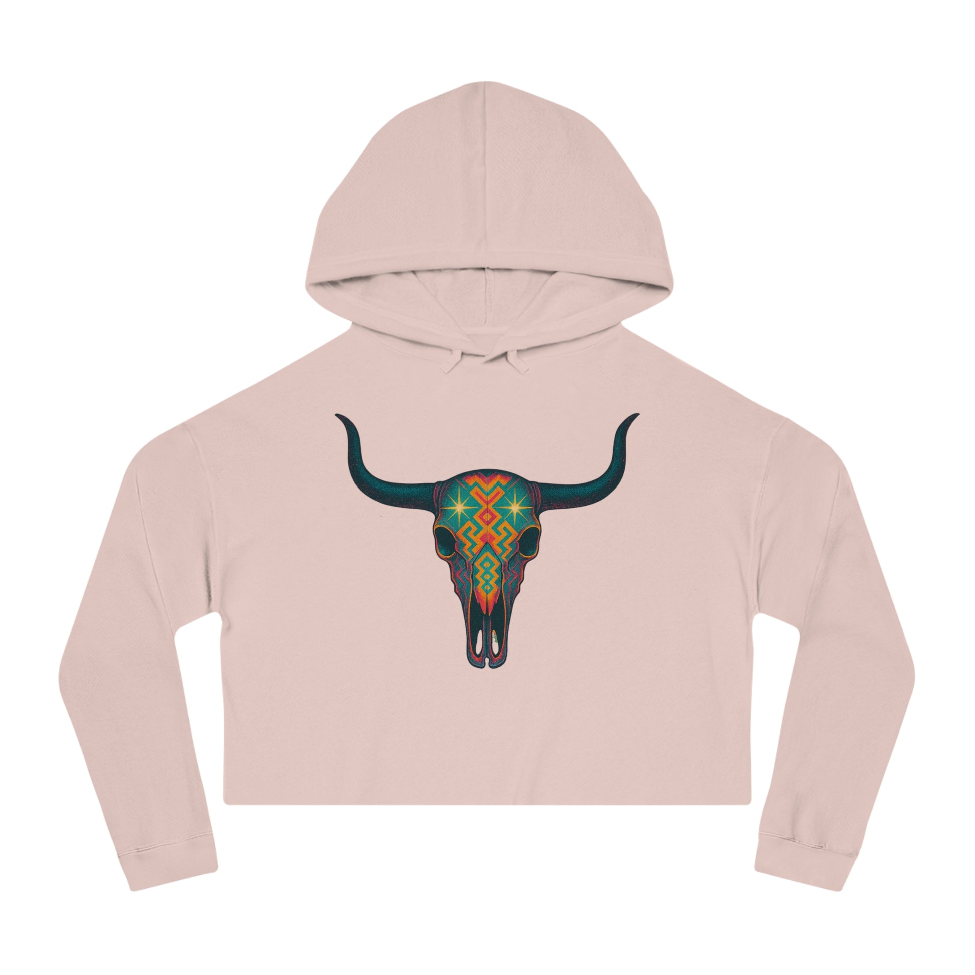 Pale Pink hoodie with a colorful bull skull design #palepink