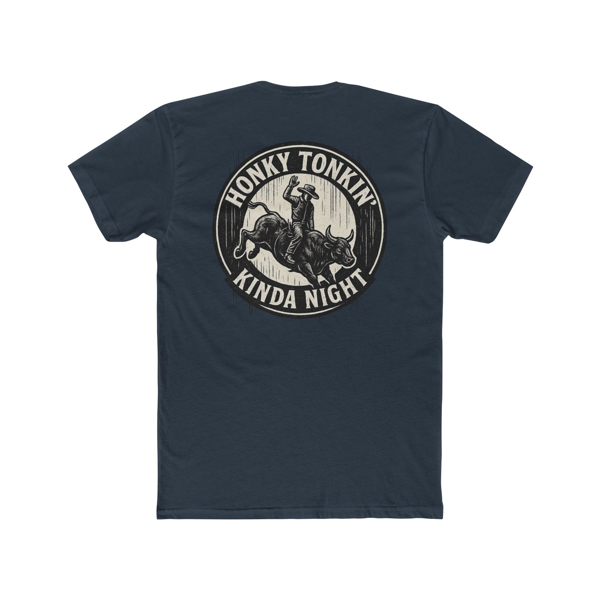 Indigo t-shirt with circular graphic of a bucking bull with rider and the phrase honky tonkin' kind night #indigo