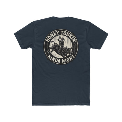 Indigo t-shirt with circular graphic of a bucking bull with rider and the phrase honky tonkin' kind night #indigo