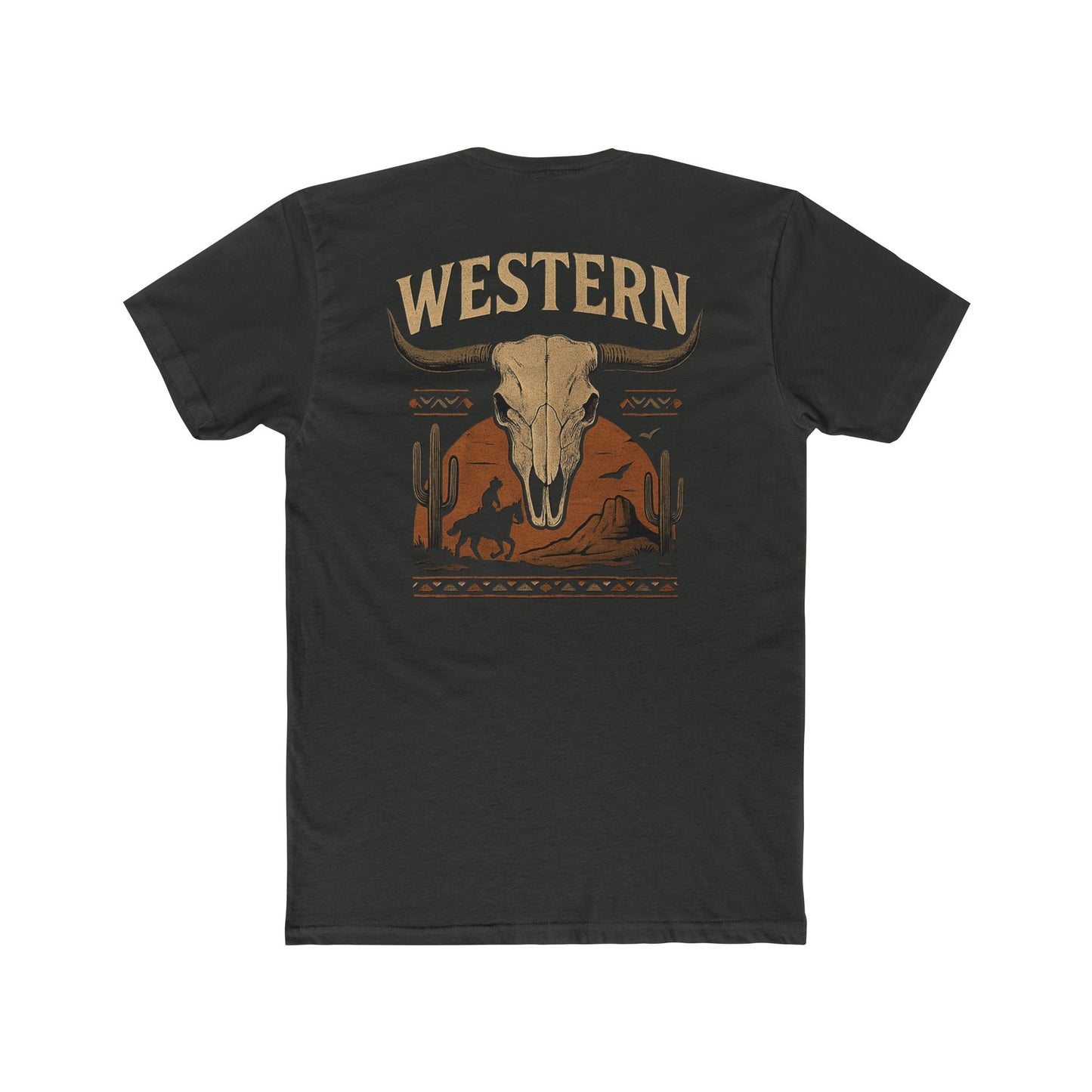 Vintage Black t-shirt with longhorn skull, aztec print, desert landscape, cacti, and cowboy silhouette with word Western across the top #vintageblack