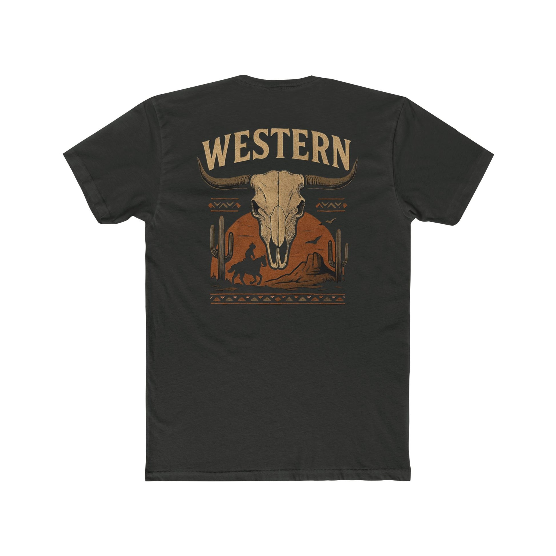 Vintage Black t-shirt with longhorn skull, aztec print, desert landscape, cacti, and cowboy silhouette with word Western across the top #vintageblack
