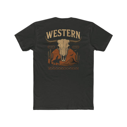 Vintage Black t-shirt with longhorn skull, aztec print, desert landscape, cacti, and cowboy silhouette with word Western across the top #vintageblack
