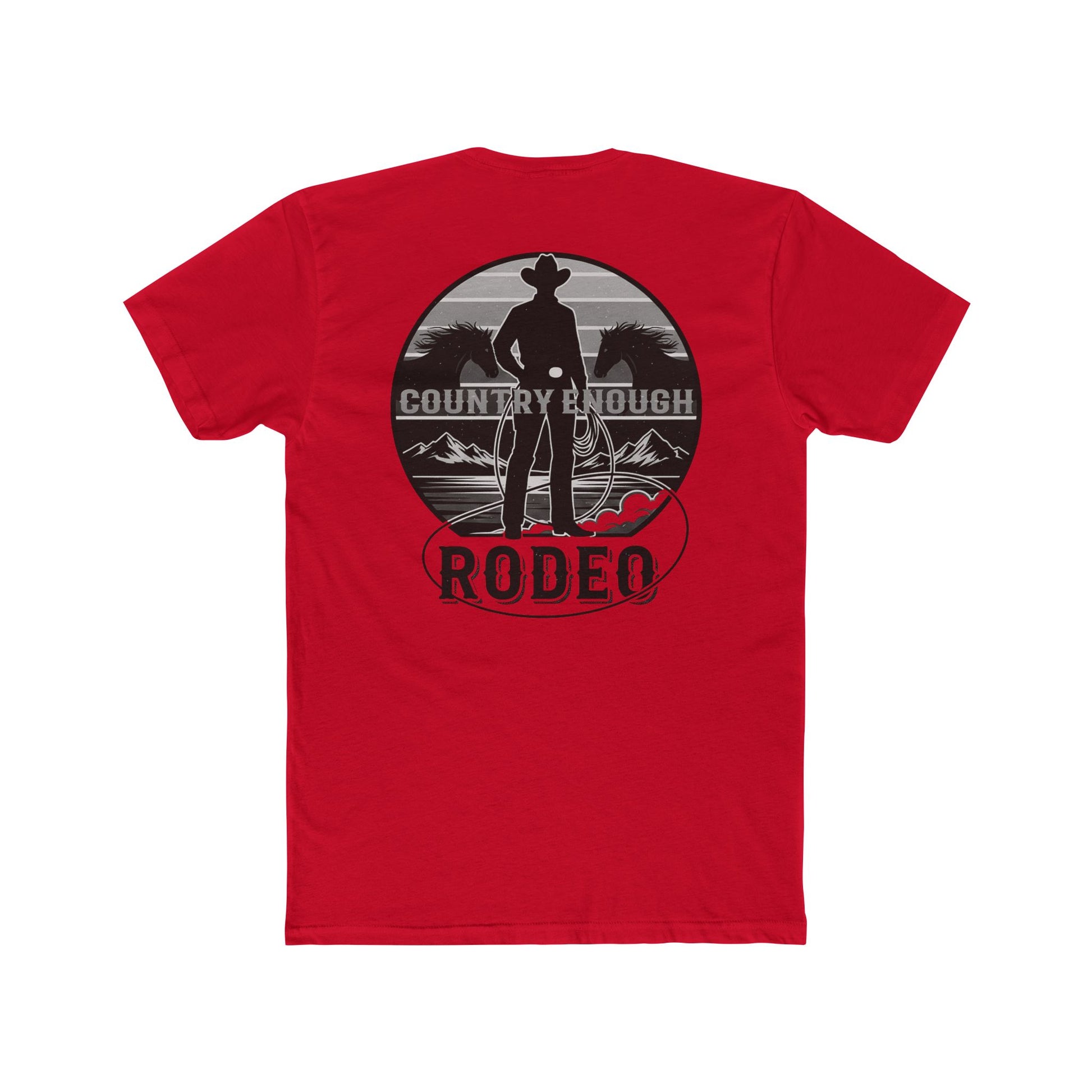 Red t-shirt with words country enough and rodeo, a cowboy silhouette, horses, lasso and mountains #red