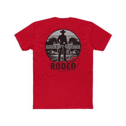 Red t-shirt with words country enough and rodeo, a cowboy silhouette, horses, lasso and mountains #red