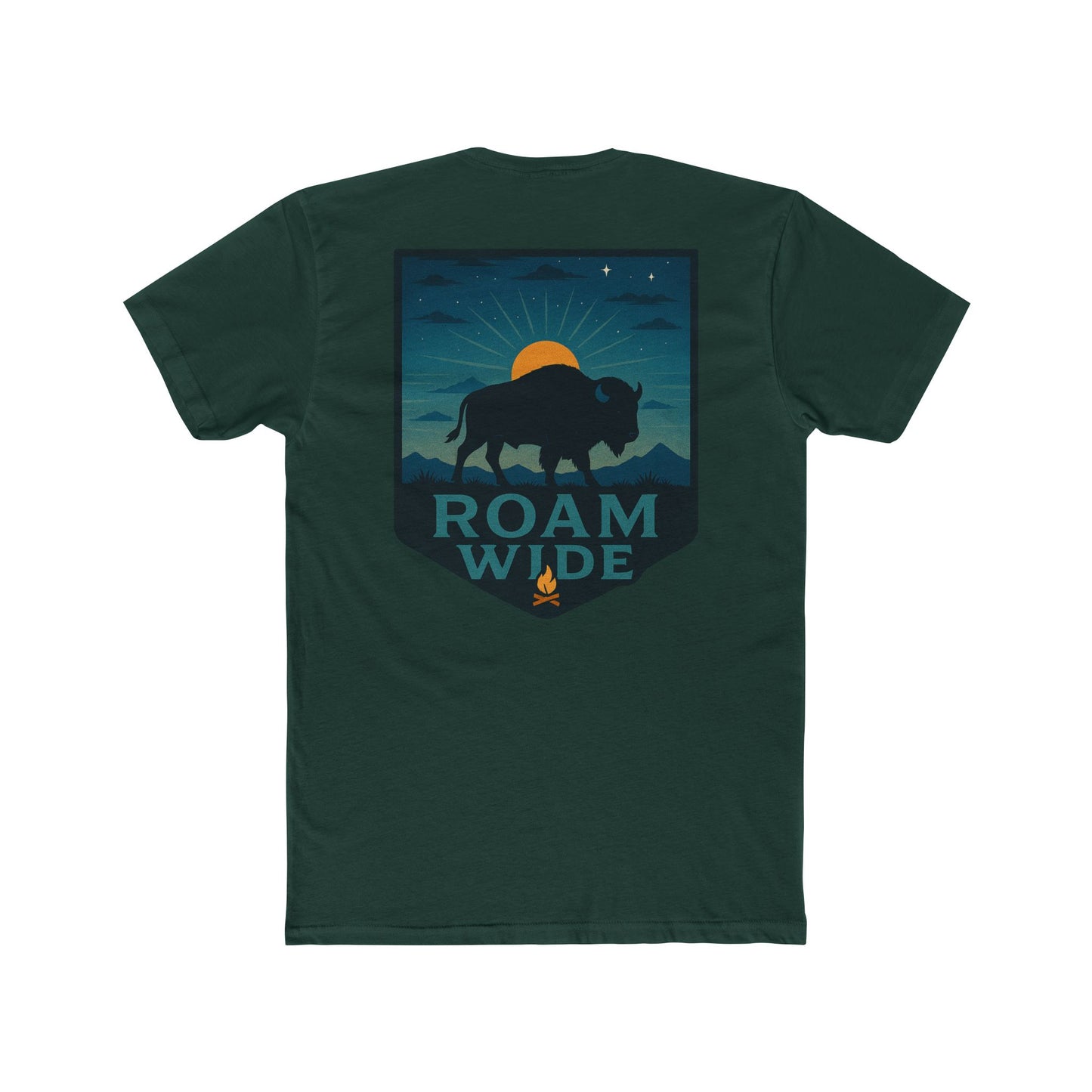 Forest Green T-Shirt with graphic of bison, sun, mountains, and the words roam wide #forestgreen