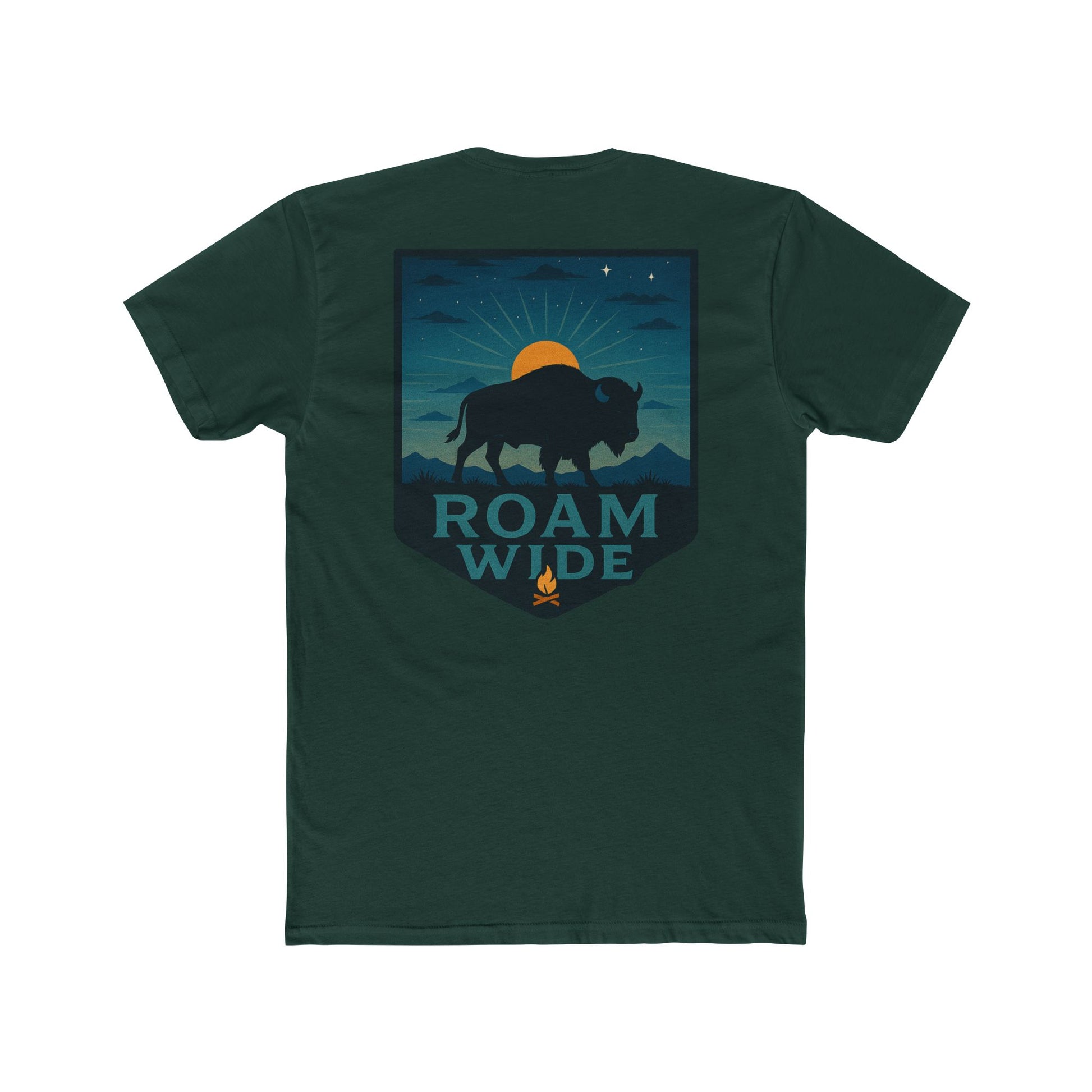 Forest Green T-Shirt with graphic of bison, sun, mountains, and the words roam wide #forestgreen