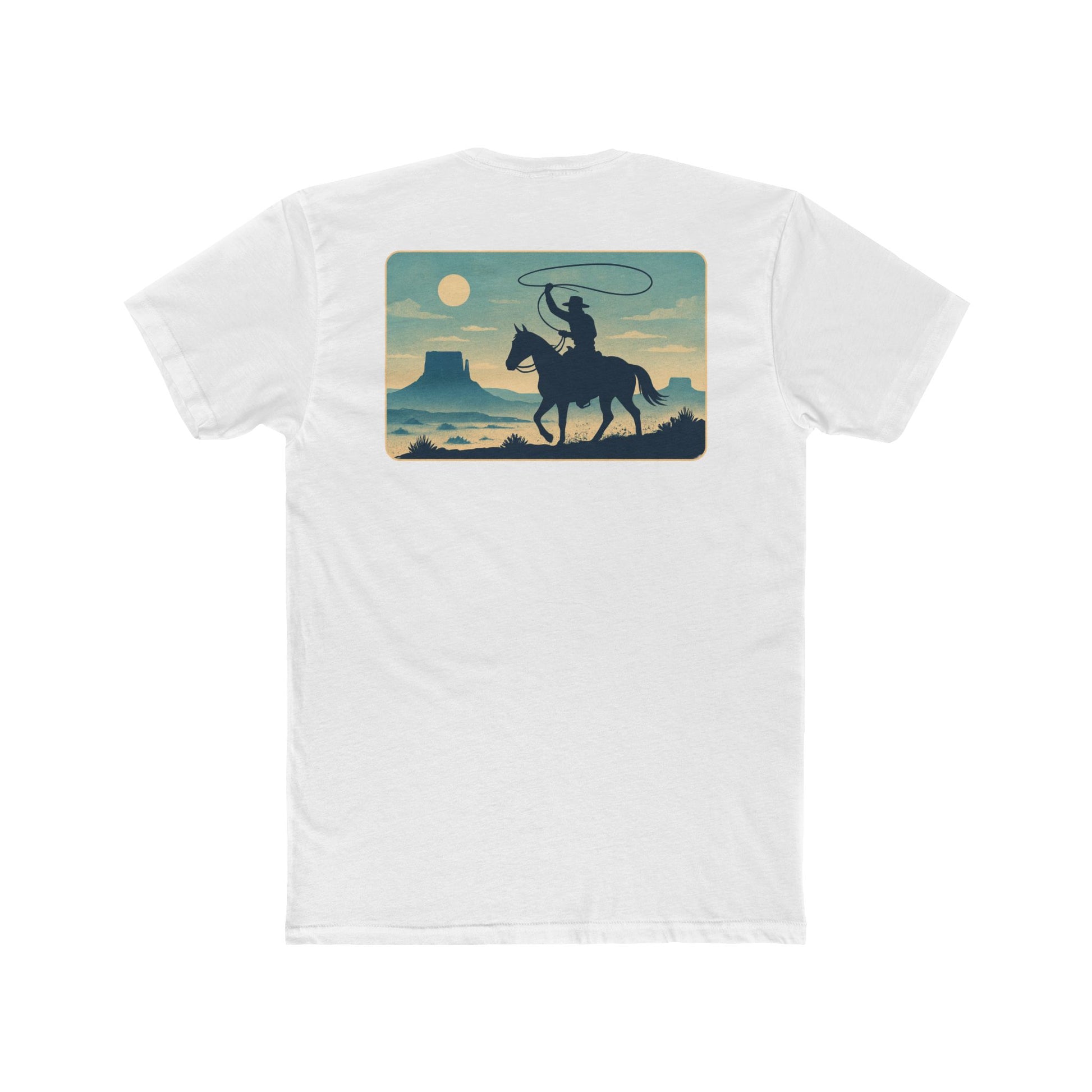White t-shirt featuring horse rider, western landscape, and sun #white