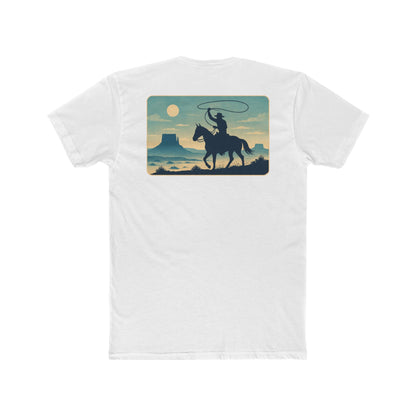 White t-shirt featuring horse rider, western landscape, and sun #white