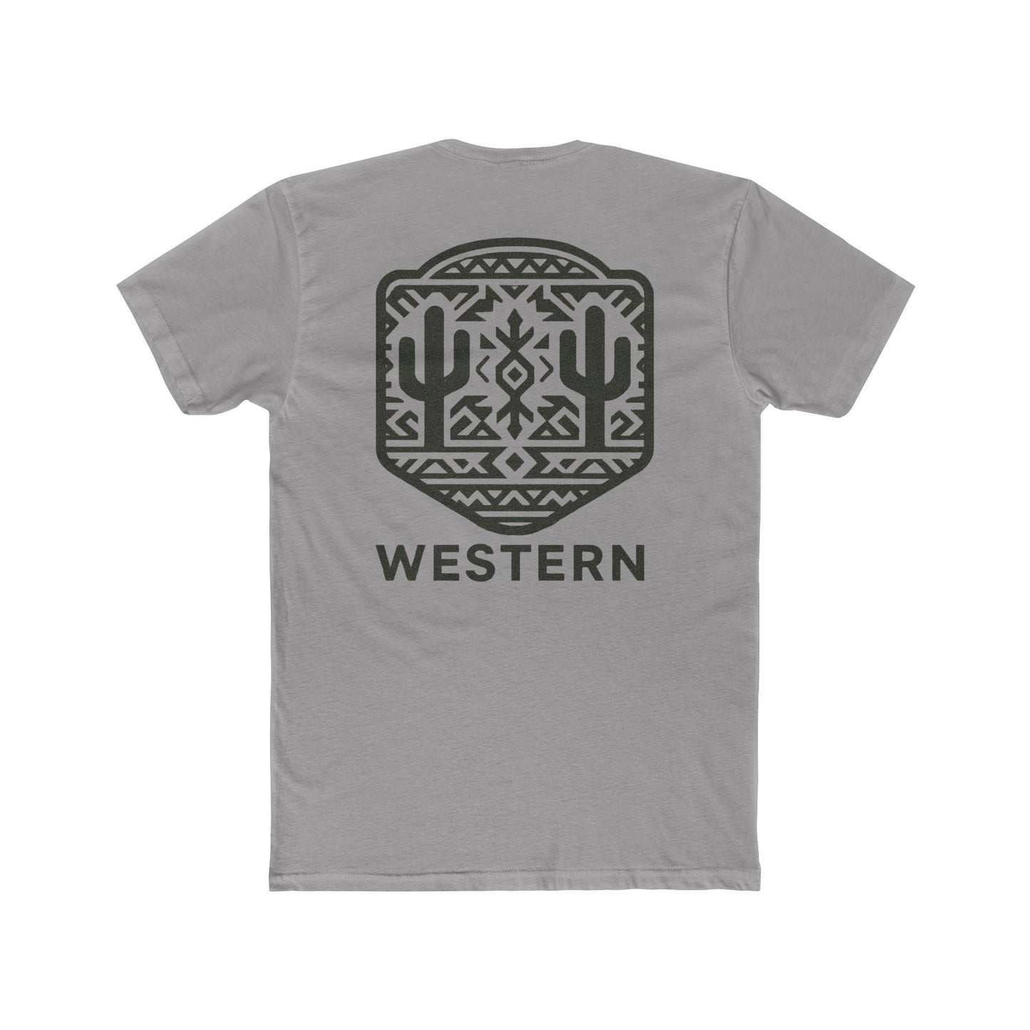 Gray t-shirt with graphic of mirrored cacti surrounded by aztec pattern and enclosed in a geometric border with word western below #gray