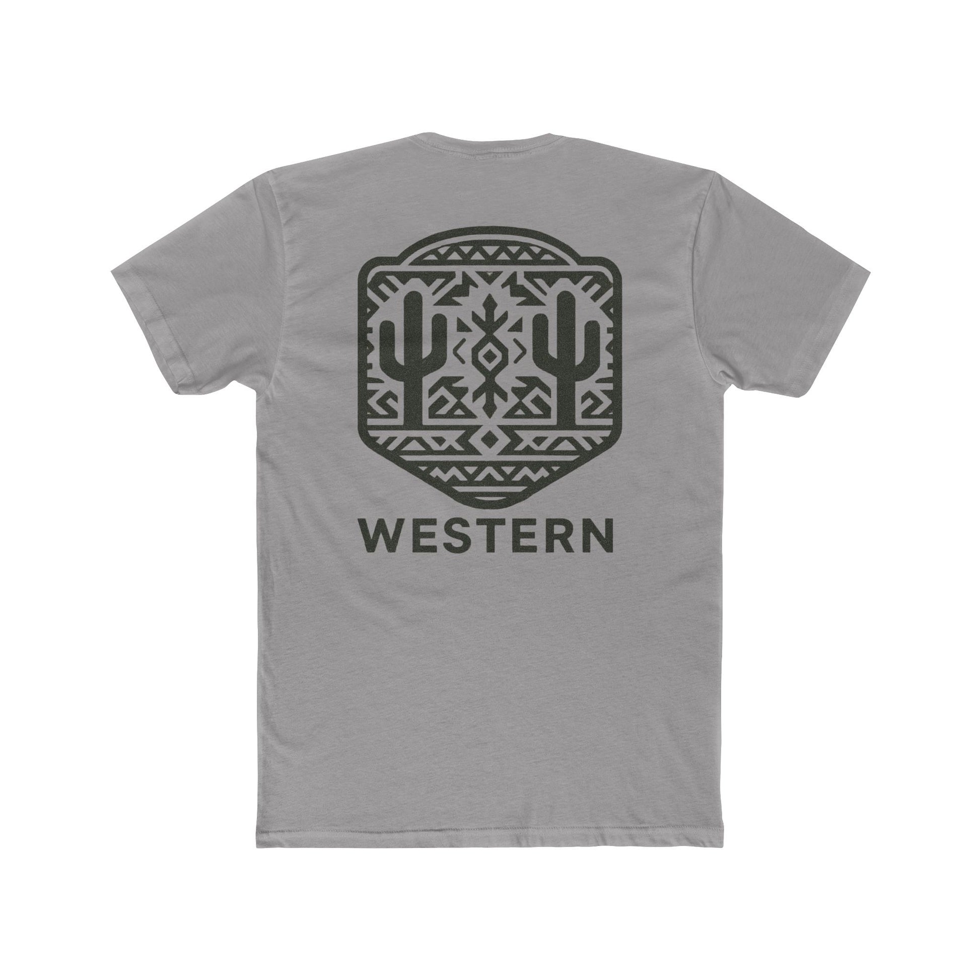 Gray t-shirt with graphic of mirrored cacti surrounded by aztec pattern and enclosed in a geometric border with word western below #gray