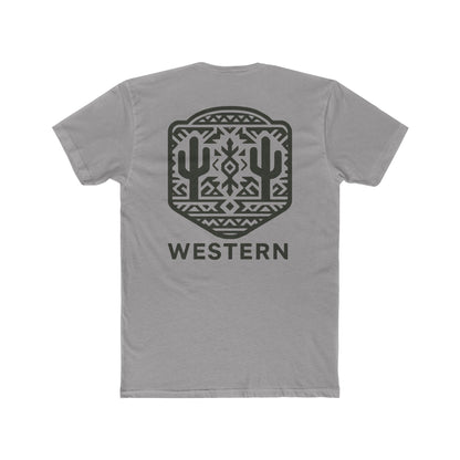 Gray t-shirt with graphic of mirrored cacti surrounded by aztec pattern and enclosed in a geometric border with word western below #gray