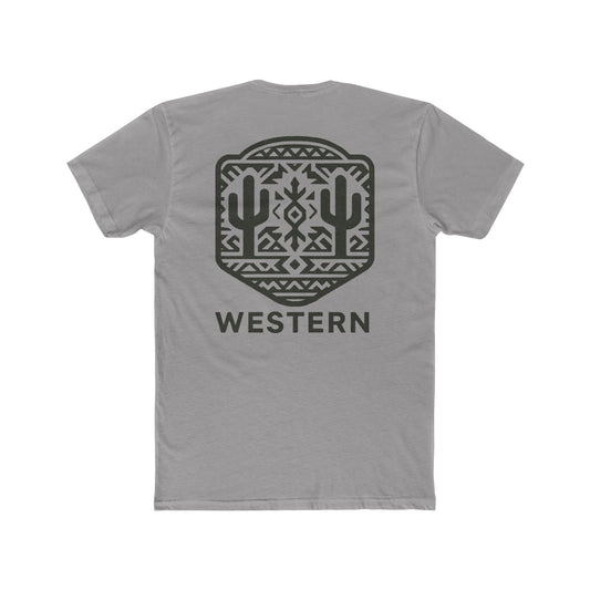 Gray t-shirt with graphic of mirrored cacti surrounded by aztec pattern and enclosed in a geometric border with word western below #gray
