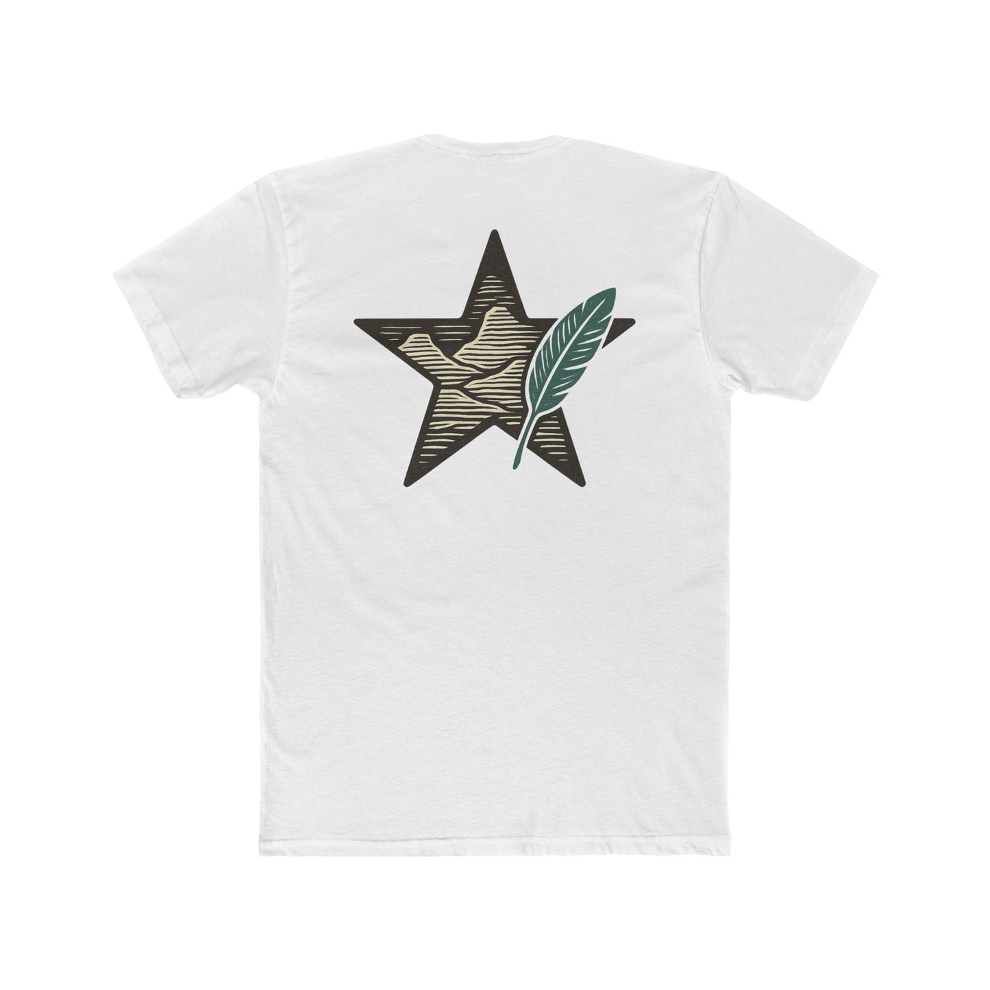 White t-shirt with graphic of a big star, mountain design inside the star, and large feather overlapping #white