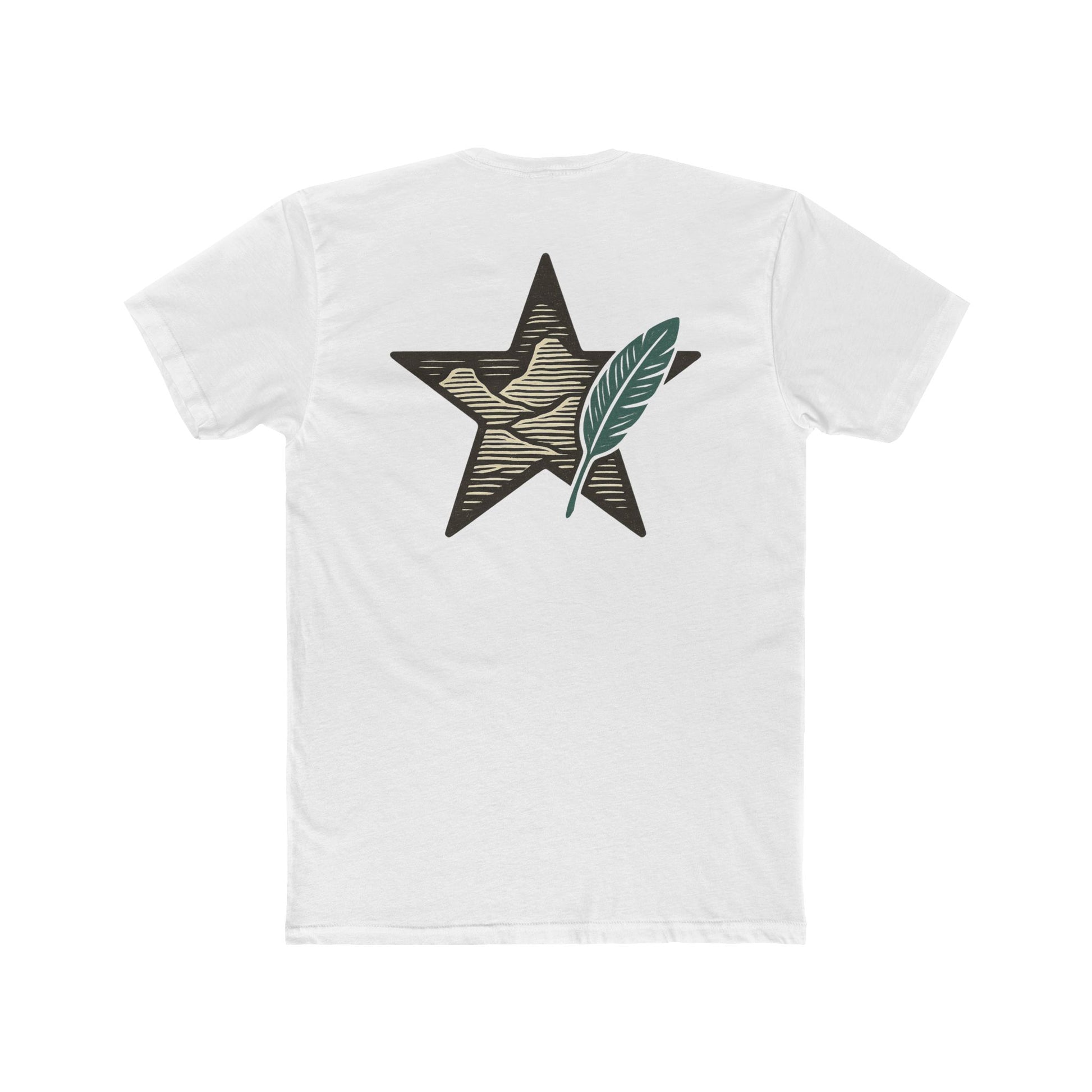 White t-shirt with graphic of a big star, mountain design inside the star, and large feather overlapping #white
