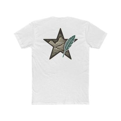 White t-shirt with graphic of a big star, mountain design inside the star, and large feather overlapping #white