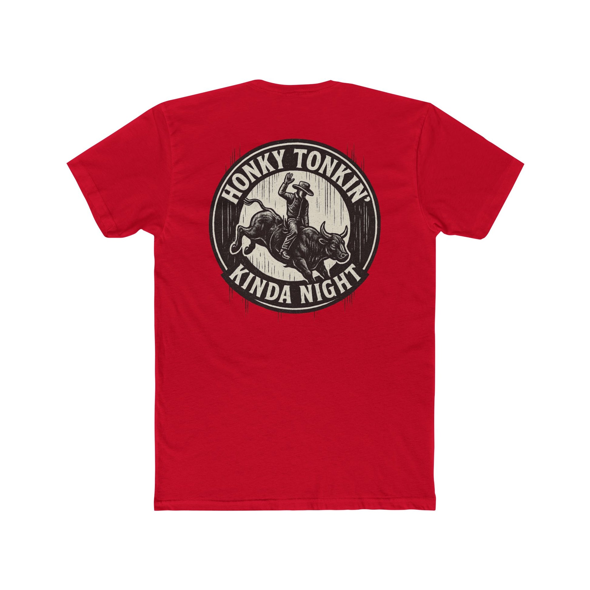 Red t-shirt with circular graphic of a bucking bull with rider and the phrase honky tonkin' kind night #red