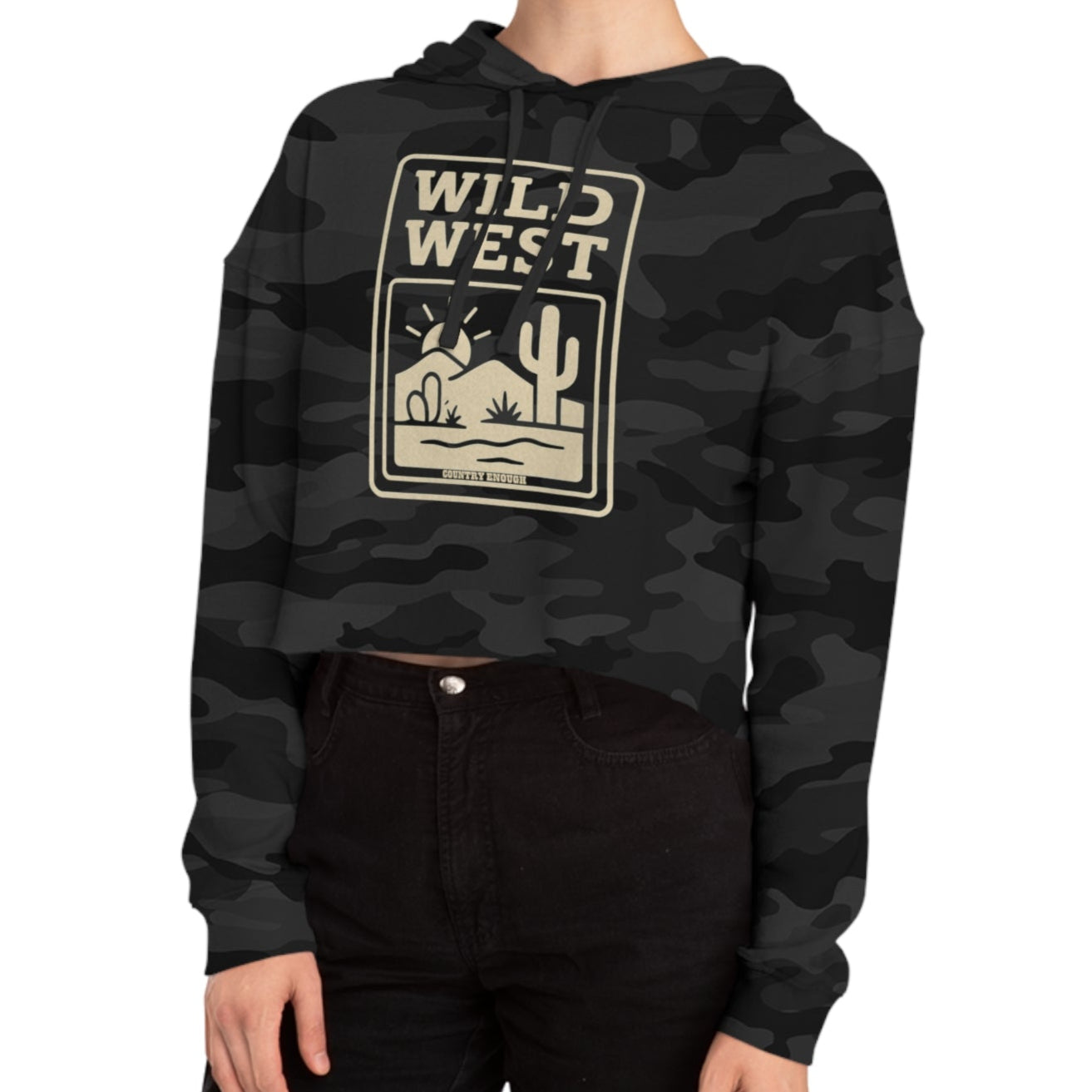 Black Camo hoodie with sunset, desert landscape, and wild west text graphic #blackcamo