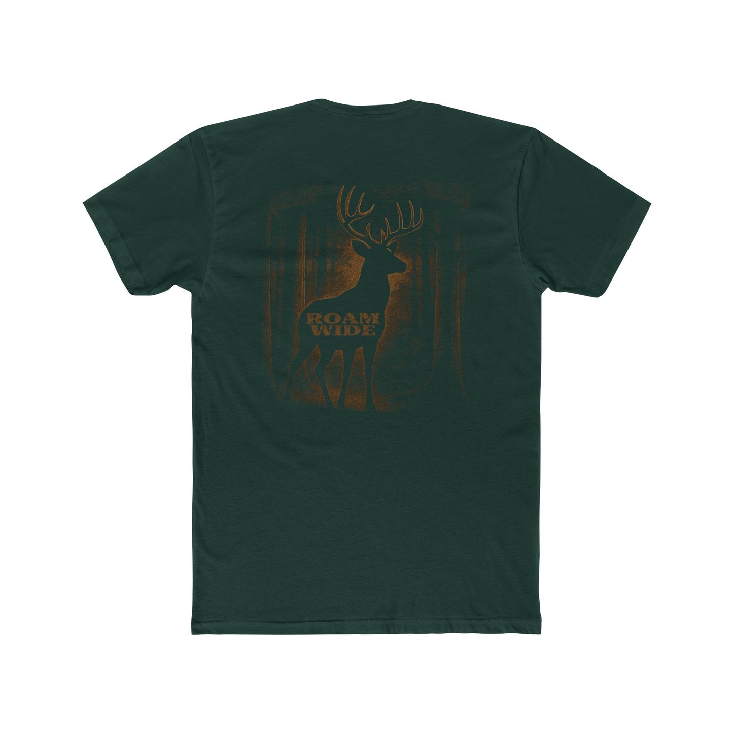 Forest Green t-shirt with graphic design of a buck in the woods and words roam wide #forestgreen