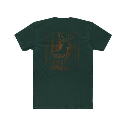 Forest Green t-shirt with graphic design of a buck in the woods and words roam wide #forestgreen